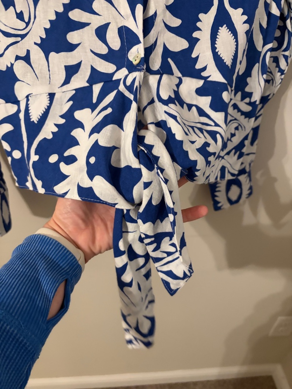 Christian Siriano Blue and White Tie-Front Button Down Shirt - Picture 3 of 5